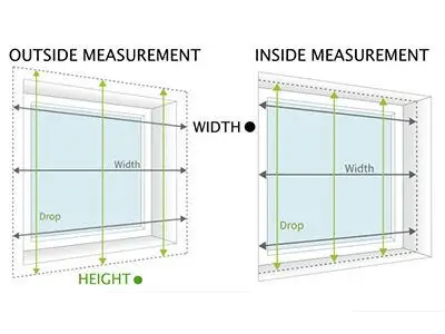 Diagram illustrating outside and inside measurements for custom windows, highlighting width and height dimensions to