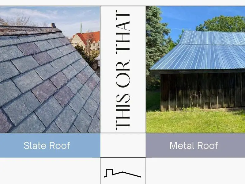 Image comparing a slate roof on the left and a metal roof on the right,