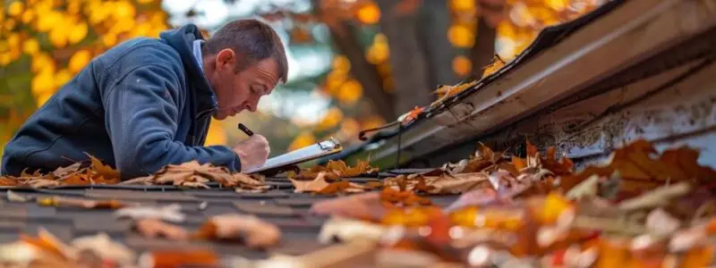 a professional roof inspector, equipped with a clipboard and inspection tools, examines a residential rooftop during a clear autumn day, surrounded by fallen leaves and visible signs of wear on the shingles, highlighting the importance of seasonal roof maintenance.