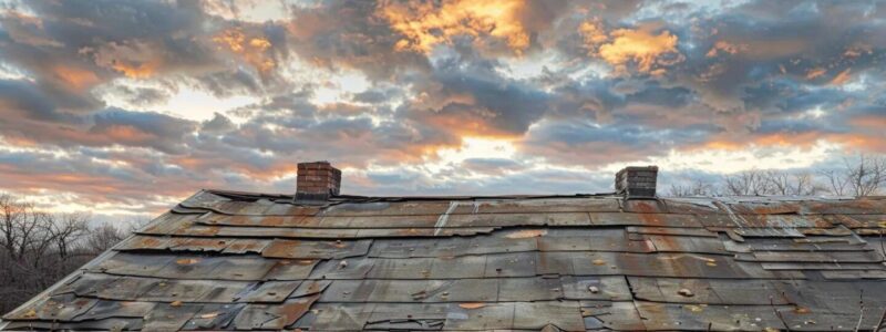 Worn roof shingles under a dramatic sunset sky, illustrating the effects of seasonal wear and tear on roof health, relevant to home maintenance and roofing care.