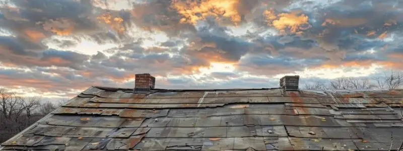 a worn roof under a dramatic sky, showcasing the visible effects of seasonal wear, including peeling shingles and rusted gutters, set against the backdrop of an urban skyline.