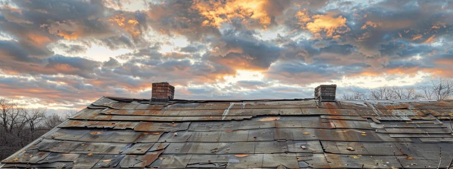 a worn roof under a dramatic sky, showcasing the visible effects of seasonal wear, including peeling shingles and rusted gutters, set against the backdrop of an urban skyline.