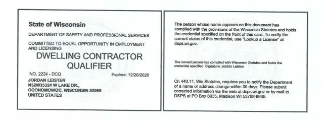 Dwelling contractor qualifier credential from the State of Wisconsin, displaying Jordan Leisten's license information and