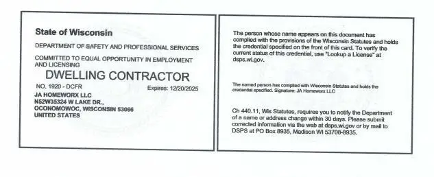 Dwelling contractor license for JA Homeworx LLC, a Wisconsin-based home improvement company, demonstrating their credentials
