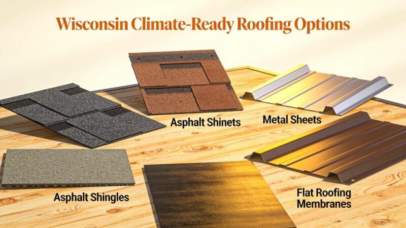 Variety of commercial roofing materials for businesses, including asphalt shingles and metal roofing samples