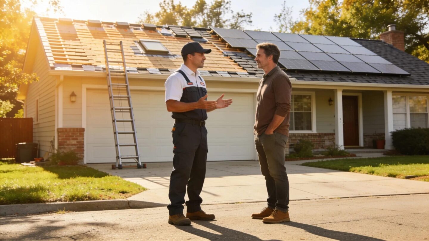 Roofing contractor explains pricing options to a homeowner at a residential site