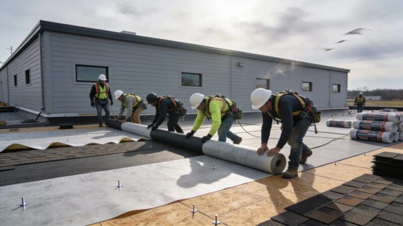 Roofing team installing roofing underlayment on a flat roofed Wisconsin business