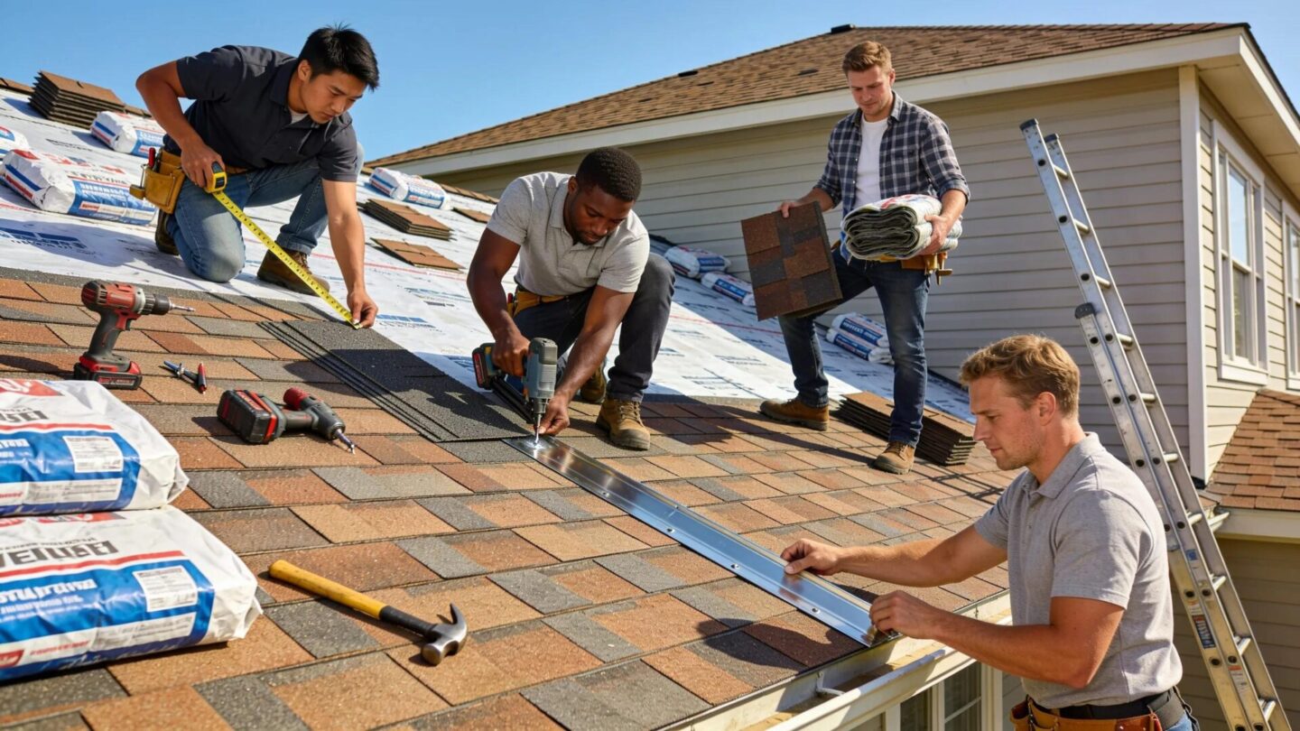 Diverse professionals working on a residential roof installation with roofing materials and tools visible