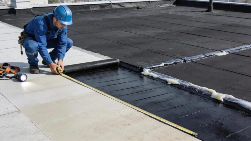 Roofer inspecting flat roof installation stages, showcasing professional quality control and roofing techniques