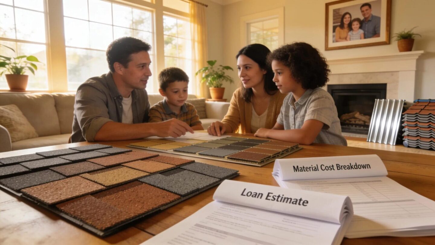 Family discussing affordable roofing financing options in a cozy living room setting