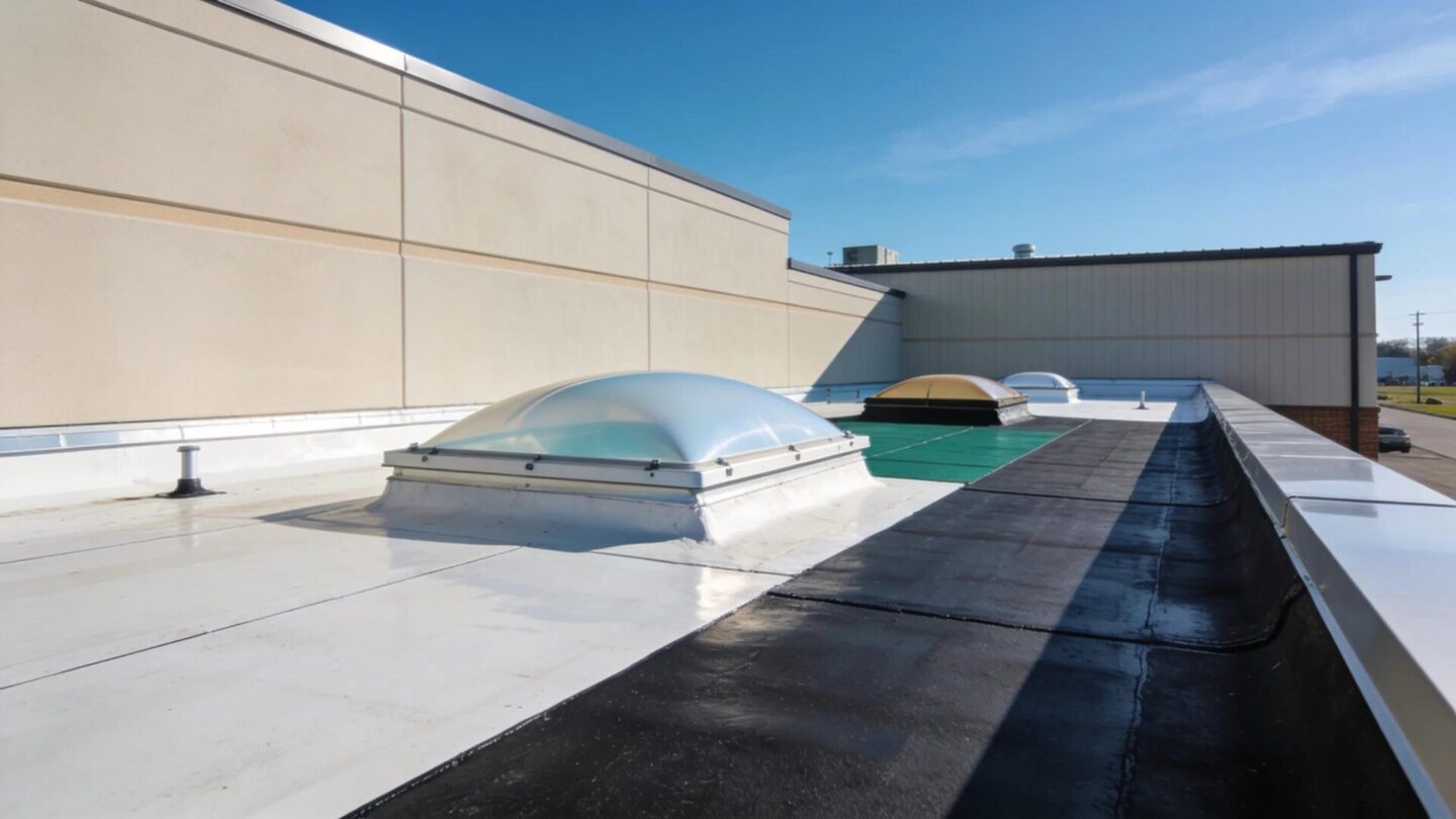 A commercial building in Southern Wisconsin displaying various roofing materials emphasizing durability and energy efficiency
