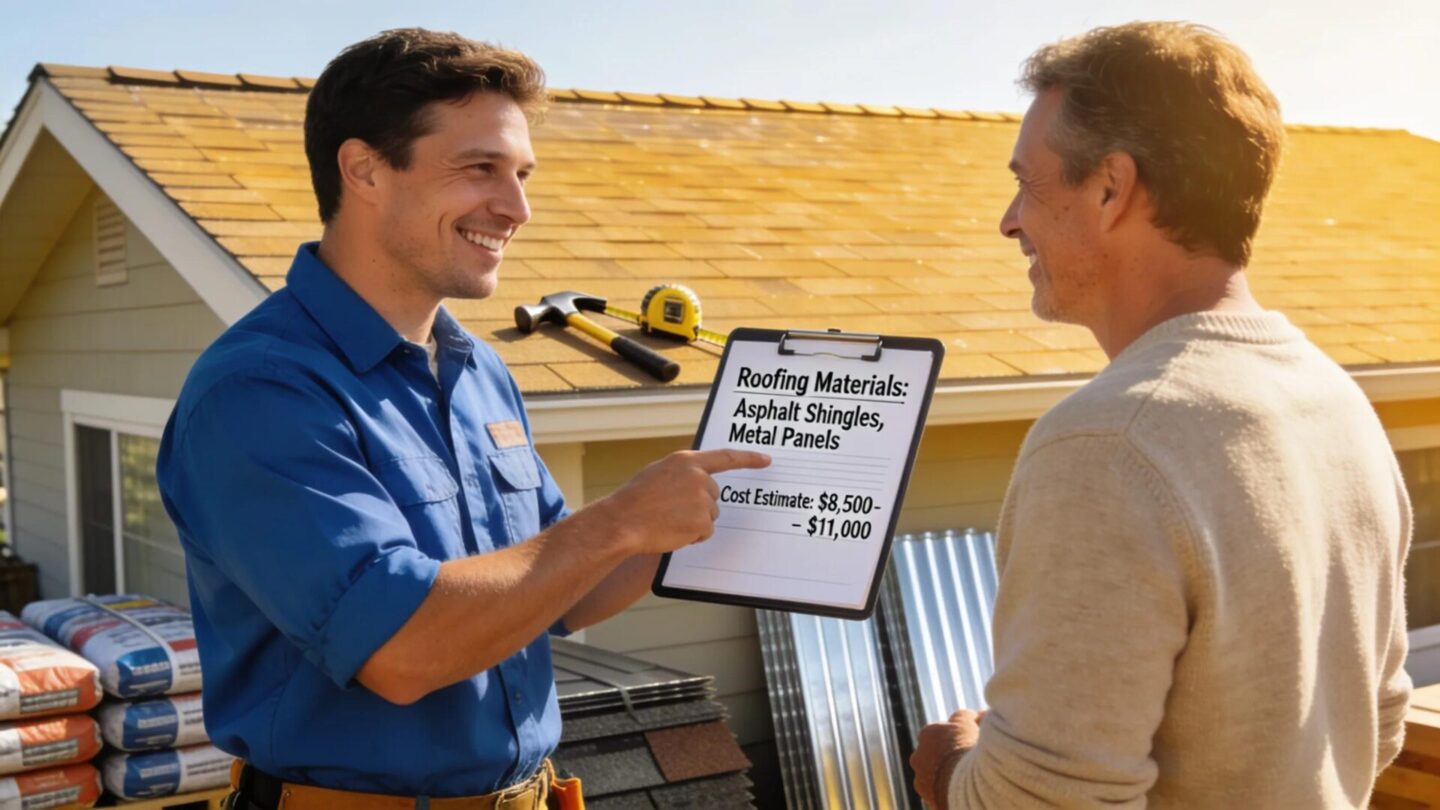 Contractor and homeowner discussing roofing estimates for transparency and clarity