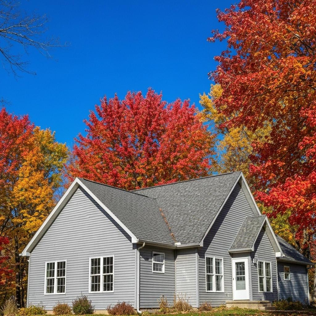 ### Key Elements

**Main Subject**  
- A gray house with a sloped roof.

**Notable Features**  
- Large windows on the front of the house.
- Well-maintained landscaping.

**Surrounding Objects**  
- Vibrant autumn trees with red, orange, and yellow leaves.

**Background**  
- Clear blue sky, enhancing the colors of the foliage.

### Overall Mood/Theme  
The image conveys a serene and picturesque autumn scene, highlighting the beauty of nature and the cozy appearance of the house amidst colorful foliage. The bright colors and clear sky evoke a sense of warmth and tranquility.