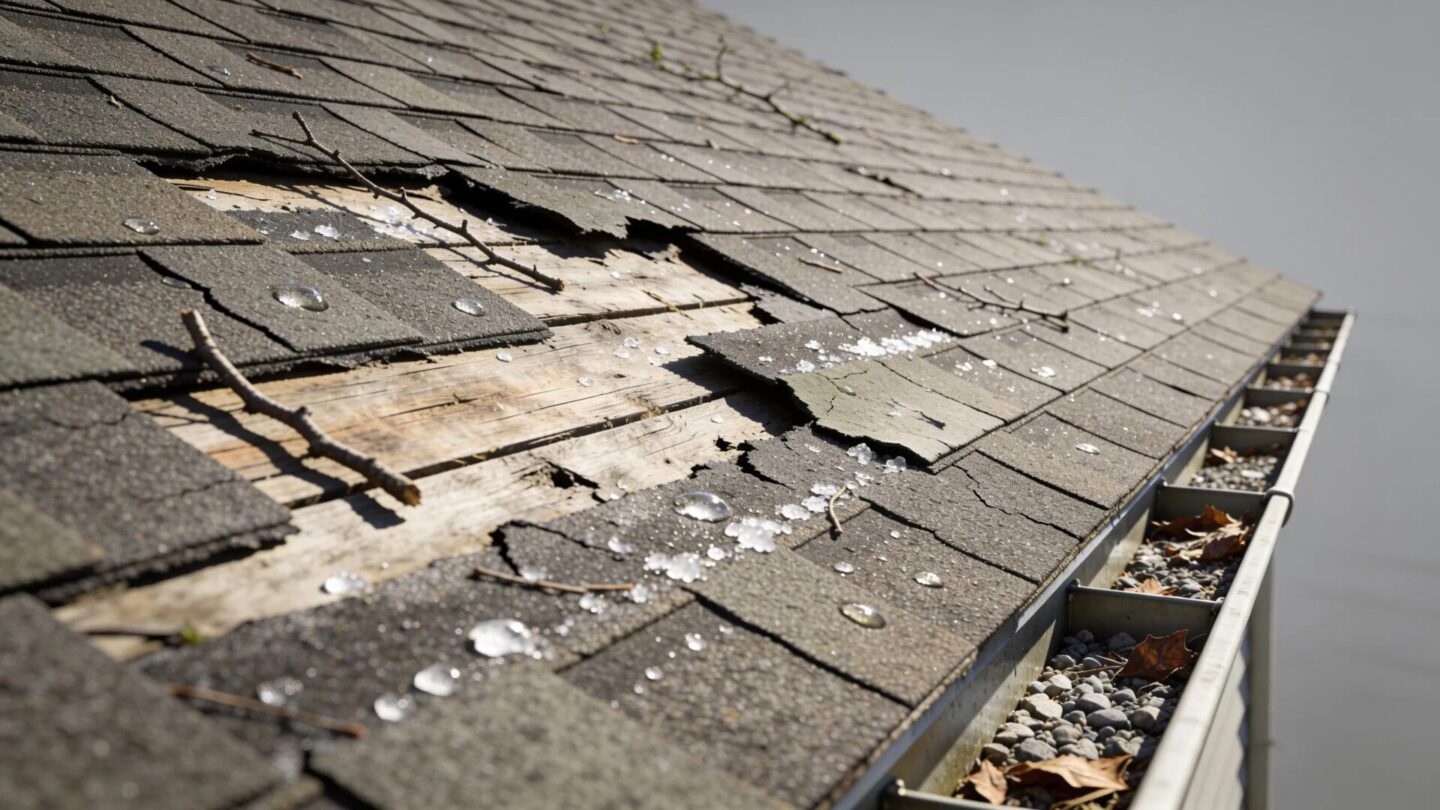 Damaged roof showing storm impacts in Southern Wisconsin